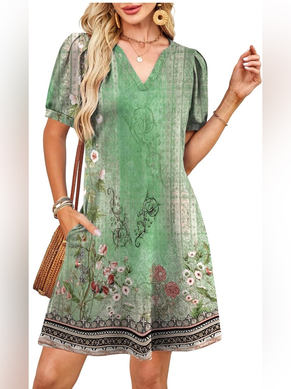 Green Floral V-Neck Women’s Top